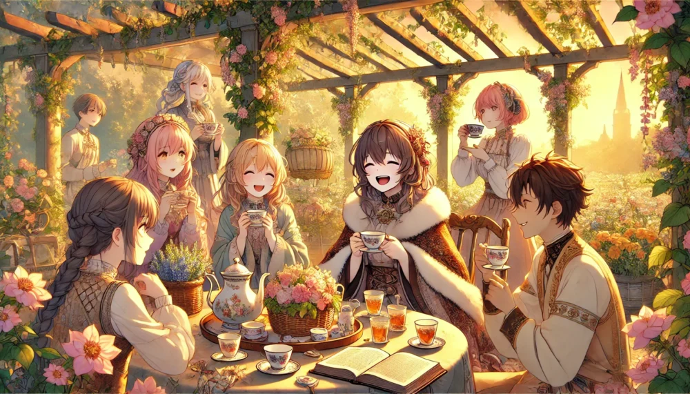 An anime-style depiction of a cozy and heartwarming scene from 'The Saint's Magic Power is Omnipotent,' where Sei is surrounded by her friends in a peaceful garden. The characters are enjoying tea and lighthearted conversation under a pergola covered in blooming flowers. Sei is laughing softly, holding a teacup, with an open book on the table. The setting features intricate details like a floral tea set, a basket of fresh herbs, and a soft golden sunset in the background. The atmosphere is warm, inviting, and serene, emphasizing camaraderie and relaxation.