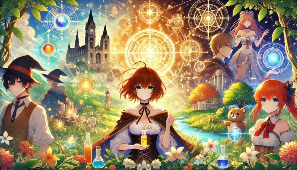 A high-quality anime-style illustration summarizing the themes of 'The Saint's Magic Power is Omnipotent.' The artwork shows the protagonist, Sei, surrounded by glowing magical energy, holding a potion, and standing between a lush garden and a grand castle. Behind her, a vibrant scene blends elements of friendship, magic, and tranquility, with key characters and mystical symbols subtly integrated into the background. The colors are rich, with golden light illuminating the harmonious setting, symbolizing healing and unity.