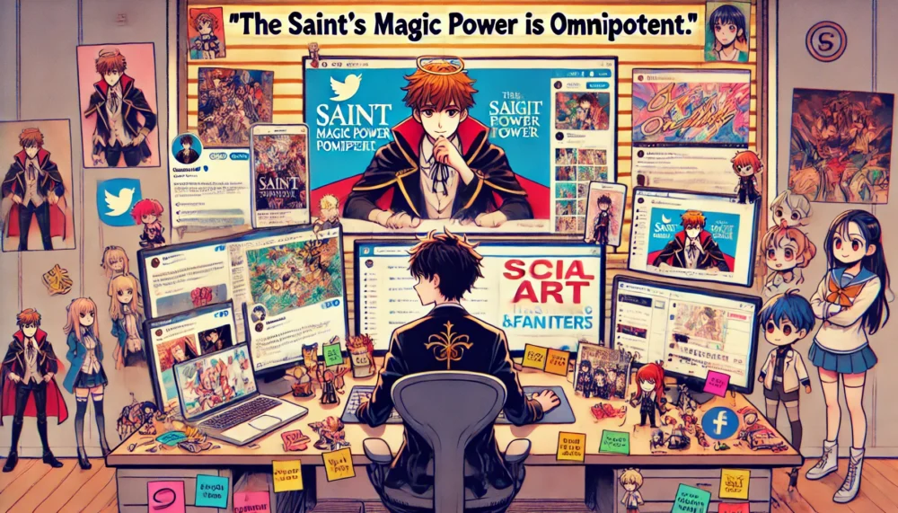 An anime-style illustration depicting a social media manager for 'The Saint's Magic Power is Omnipotent,' working on promotional content. The manager is seated at a desk with multiple monitors showing social media dashboards, fan art, and anime trailers. The workspace is decorated with figurines, posters, and colorful sticky notes with hashtags and ideas. Their expression is focused yet creative, capturing the excitement of engaging with a vibrant online community.