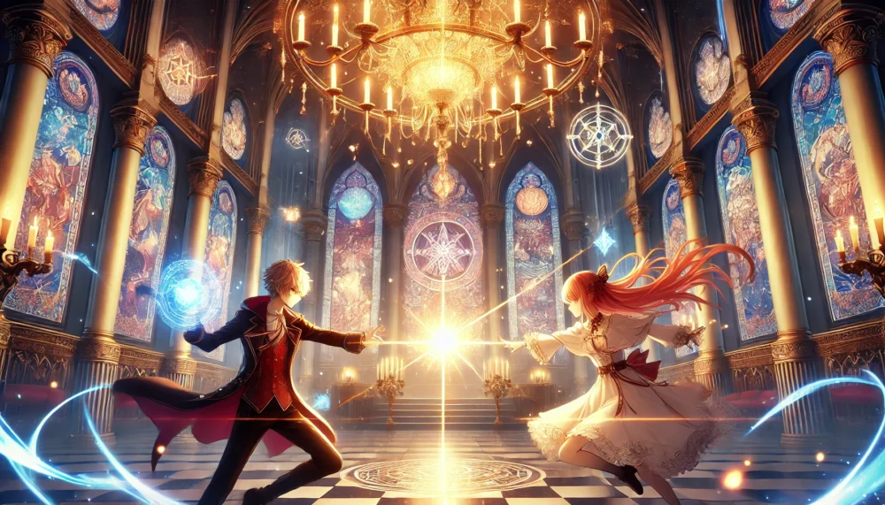 A dramatic anime-style scene featuring a glowing magical duel between two characters in a grand hall. The backdrop includes intricate stained-glass windows depicting mystical symbols and a chandelier emitting radiant light. The characters are in mid-action, with one casting a brilliant spell and the other dodging gracefully. The atmosphere is intense yet visually stunning.