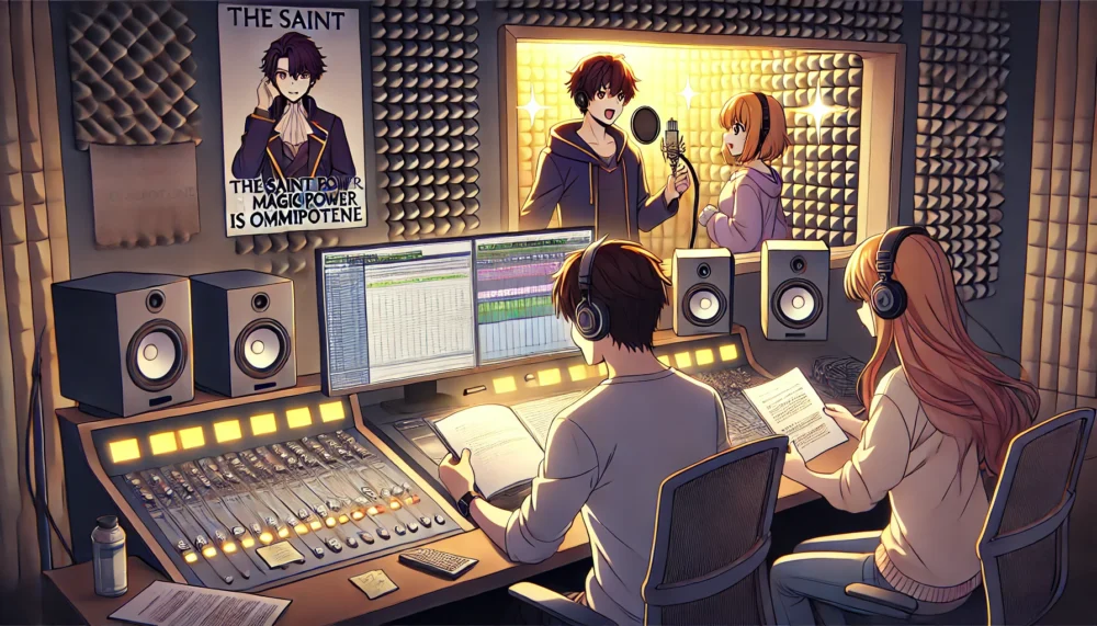 An anime-style illustration of a director in a recording studio guiding voice actors for 'The Saint's Magic Power is Omnipotent.' The director sits at a control panel with sliders and monitors, while the voice actors perform inside a soundproof booth. One actor, in casual attire, holds a script with expressive gestures. The atmosphere shows collaboration, with glowing control panels and notes scattered across the desk. The studio walls have soundproof foam panels and anime posters.