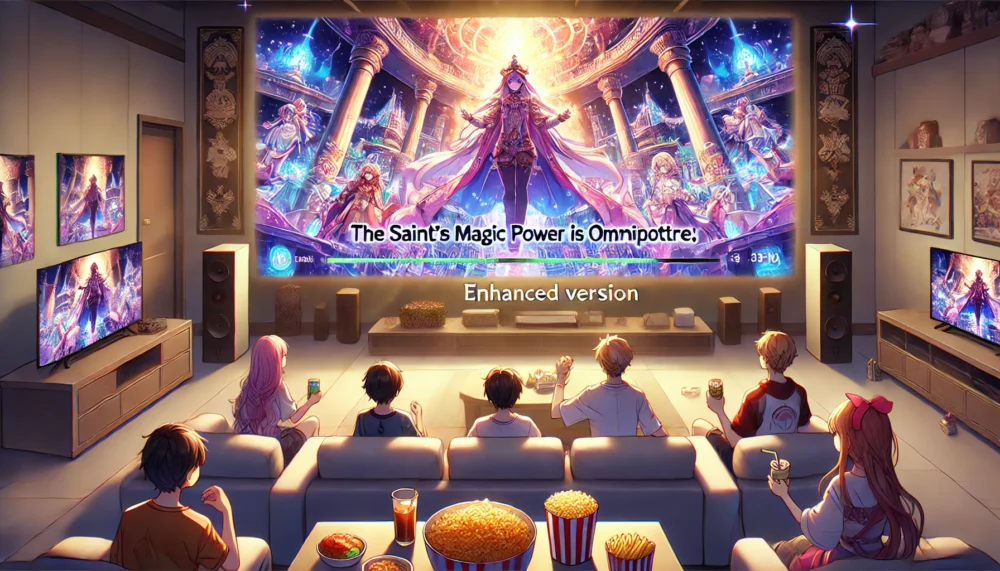 An anime-style illustration showing a group of viewers watching an enhanced version of 'The Saint's Magic Power is Omnipotent' on a large high-definition screen. The viewers, seated on comfortable couches and chairs, are captivated by the vibrant and detailed visuals displayed on the screen. The room has soft ambient lighting, enhancing the immersive experience, and the expressions of the viewers range from awe to delight. Snacks and drinks are placed on a nearby table, adding to the cozy and joyful atmosphere.