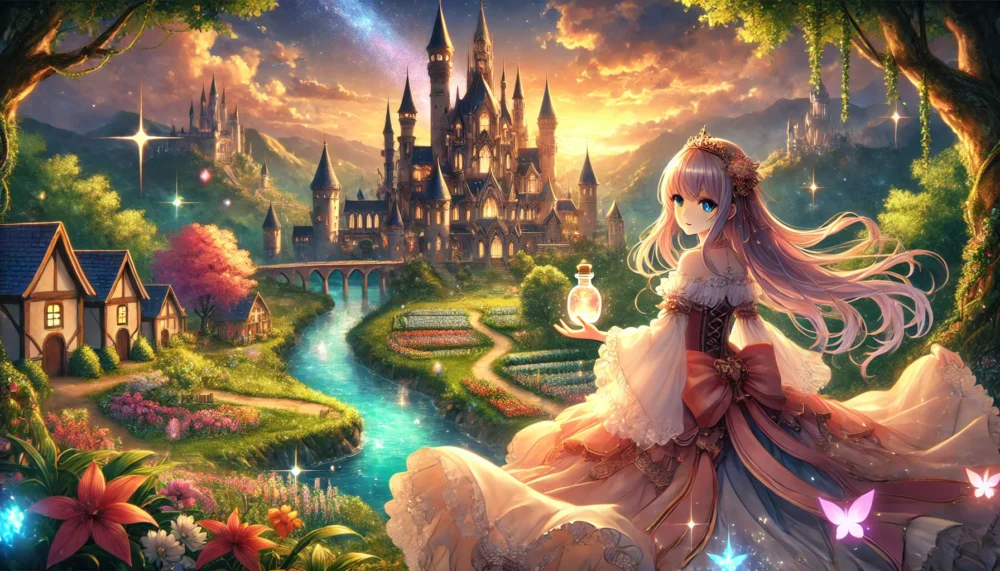 An anime-inspired dramatic scene focusing on a lush fantasy kingdom setting. A grand castle stands majestically on a hill under a glowing sunset, surrounded by colorful gardens and serene waterways. In the foreground, the protagonist, a graceful female character in a flowing magical gown, holds a radiant potion bottle that emits a soft light. The environment is rich in detail, with magical sparkles in the air and vibrant colors blending perfectly to evoke a sense of tranquility and wonder. High-quality details and artistic elements reflect a polished and immersive anime aesthetic.