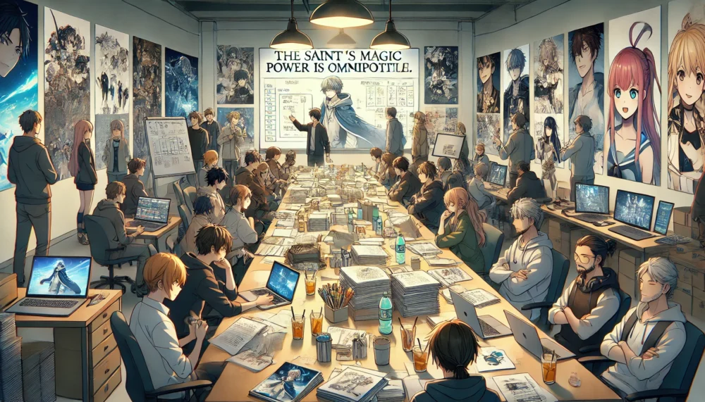 An anime-style illustration showing a bustling production meeting for 'The Saint's Magic Power is Omnipotent.' The room is filled with animators, producers, and writers gathered around a large table covered with scripts, concept art, and laptops. One producer is presenting on a whiteboard with story arcs and timelines, while others take notes or discuss ideas. The atmosphere is dynamic, with collaborative energy and a mix of focused and enthusiastic expressions. Posters of the anime adorn the walls.