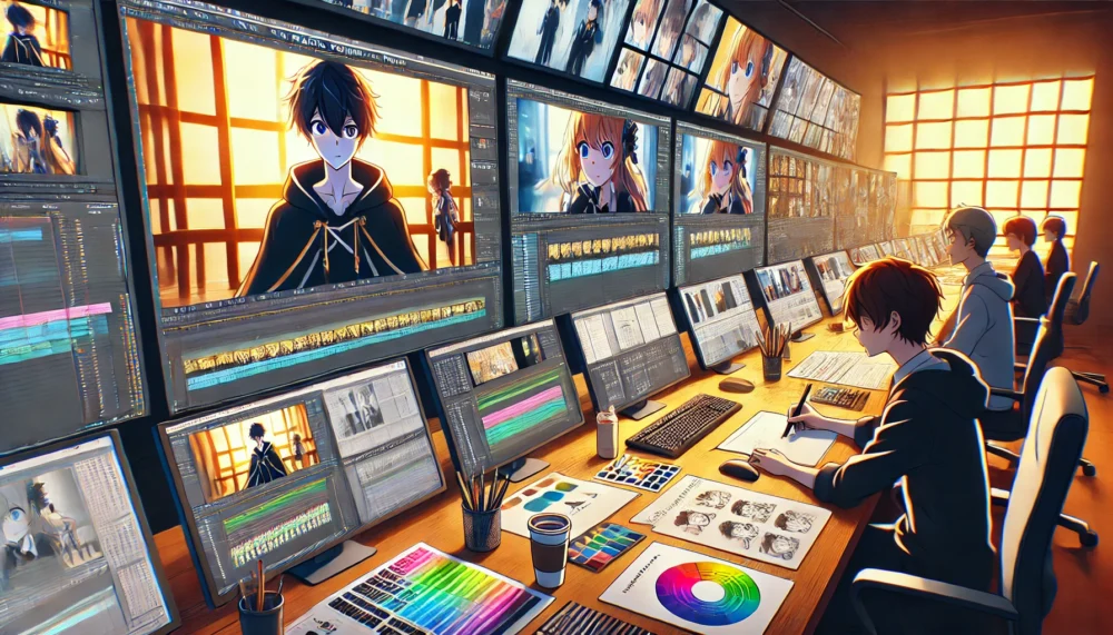 An anime-style illustration depicting animators working on correcting an anime scene for 'The Saint's Magic Power is Omnipotent.' The workspace features large monitors showing animation frames with highlighted corrections and notes. One animator is carefully redrawing a character on a tablet, while another adjusts color and lighting effects on a screen. The desk is filled with reference sheets, color palettes, and a cup of coffee, creating a focused and professional atmosphere. The room is softly lit, emphasizing the intricate work being done.